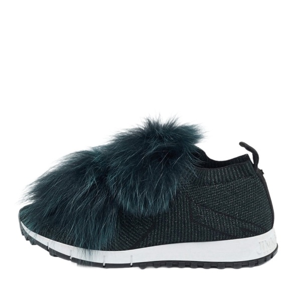 Jimmy Choo Shoes - Jimmy Choo Norway Mink Fur & Metallic Green Knit Slip-On Sneakers Size 38